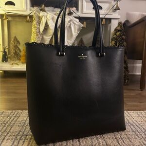 Kate Spade Black Tote with Subtle Gold Details and a Scalloped Top Detail